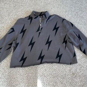 Gray Cropped Pullover with Black Lightning Bolts